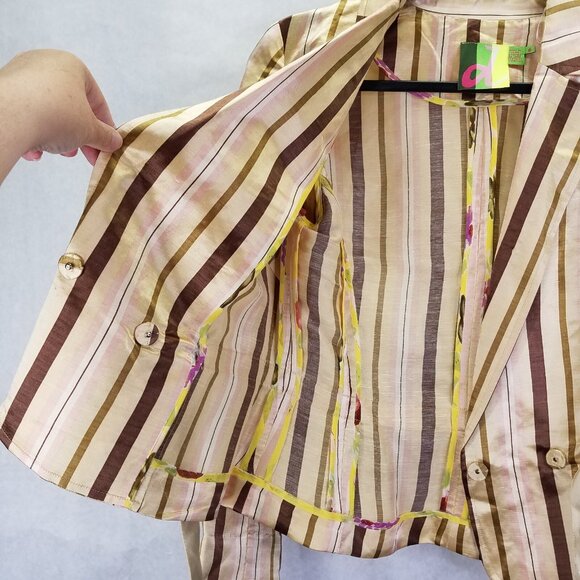 D.E.S. Jacket Women's Sz 6 Silk Linen Snap Wrap Front Striped Classic Blazer Tan - Picture 5 of 16